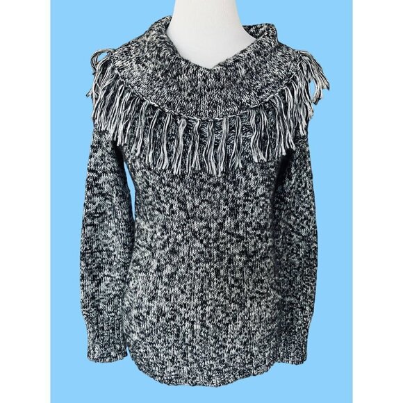 JONES NEW YORK SPORT LADIES LS  BLACK WHITE HERRINGBONE TASSELED SWEATER EUC S - Picture 6 of 9